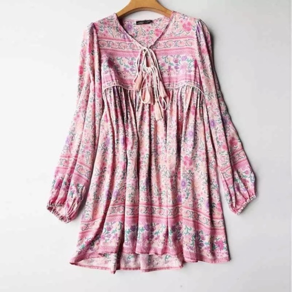 Boho Pink Floral Long Sleeve Mini Dress - Picture 4 of 4